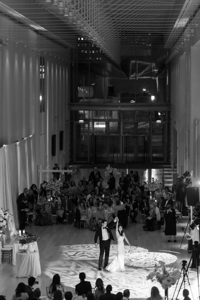 Art Institute of Chicago wedding first dance photo captured from the balcony of the Modern Wing