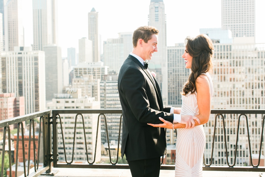A stunning wedding first look moment on the rooftop of the Ambassador Hotel in Chicago.
