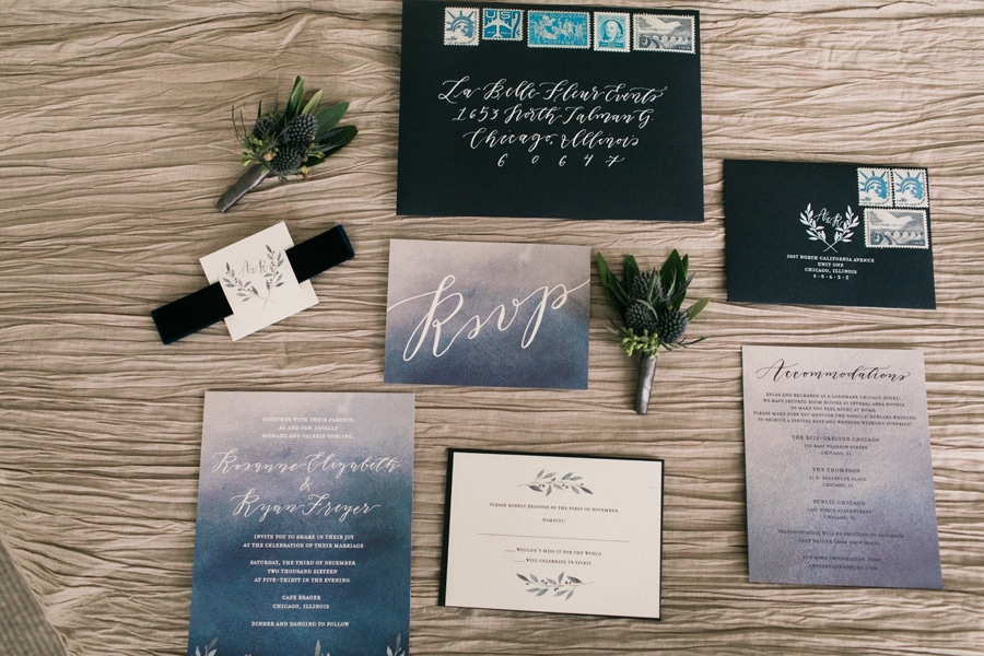 A wedding invitation suite for a romantic winter celebration in Chicago.