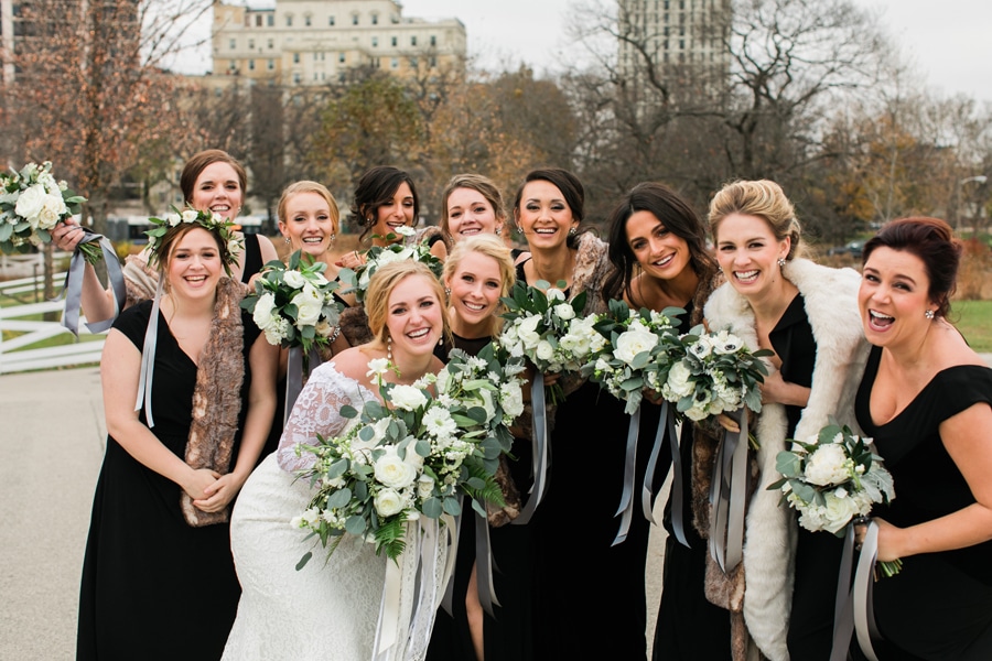 A casual portrait of a bride and her bridesmaids in Lincoln Park.