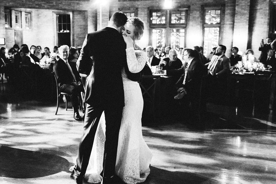 A romantic black and white first dance photo at Cafe Brauer.