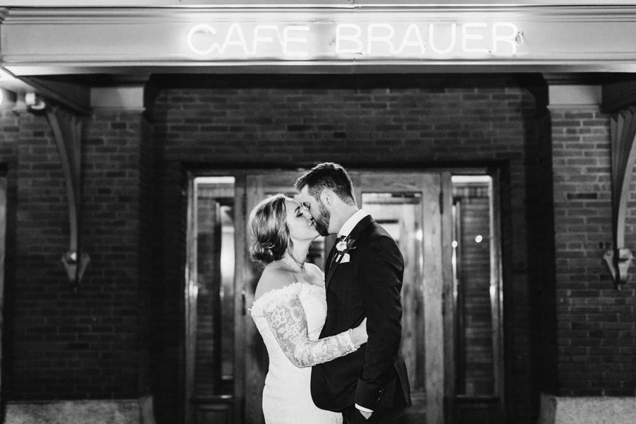 A night time wedding portrait at Cafe Brauer