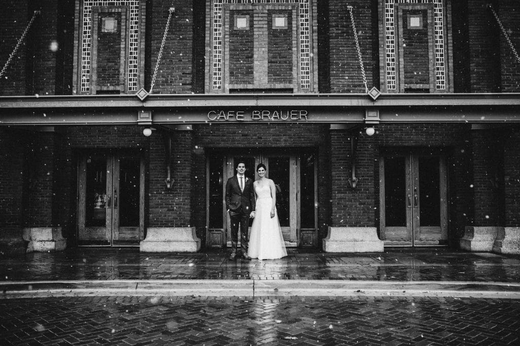 A Cafe Brauer wedding portrait taken on a snowy November day.