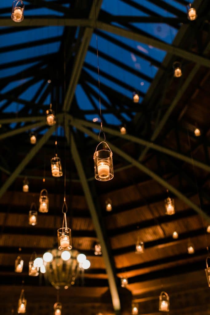 Candles were suspended from the ceiling for this Cafe Brauer wedding.
