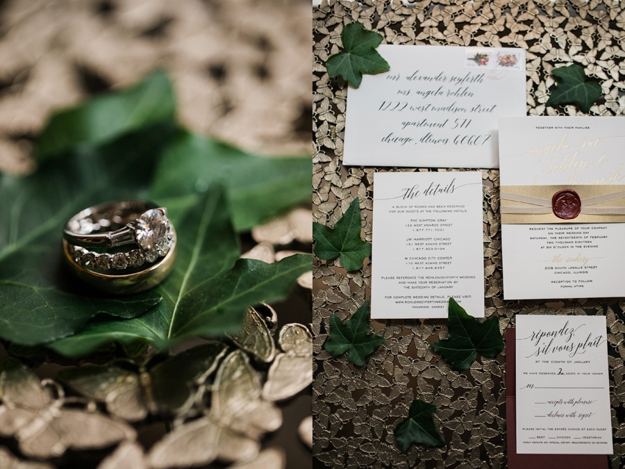 Wedding details photographed with green ivy.