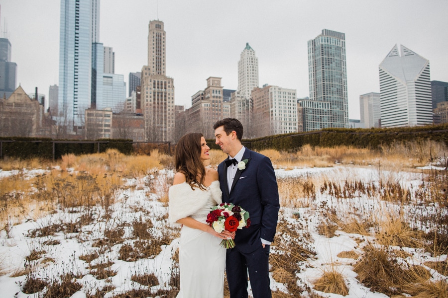 A winter wedding portrait in Chicago's Lurie Garden.