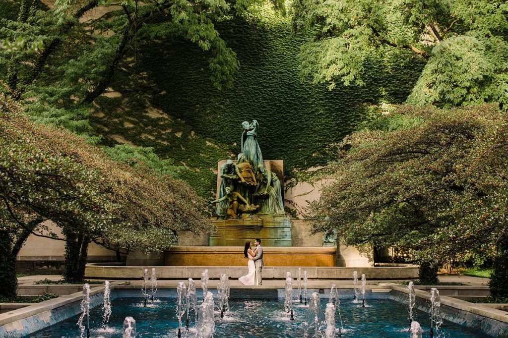 The beautiful South Garden of the Art Institute of Chicago is the perfect setting for any engagement photo or wedding portrait.