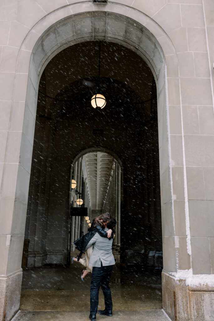 Chicago Union Station engagement photo captured during a snow storm