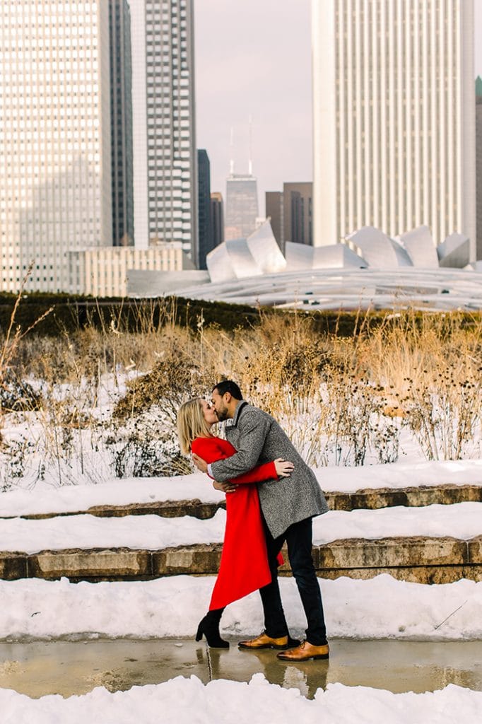 A winter engagement photo taken in Chicago's Lurie Garden