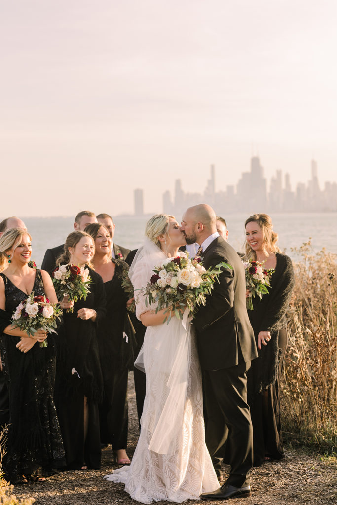 Sunset wedding portrait at Montrose Harbor in Chicago