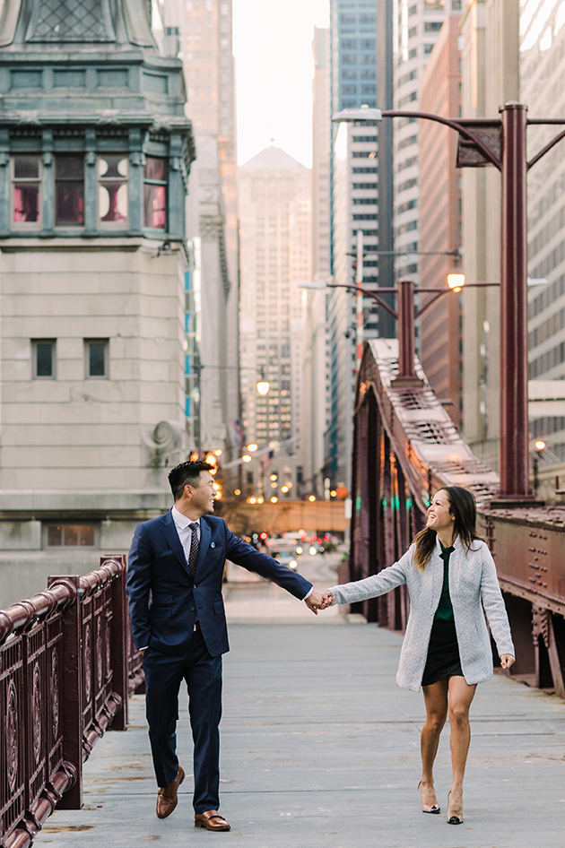 Engagement photo on LaSalle Street Bridge in Chicago