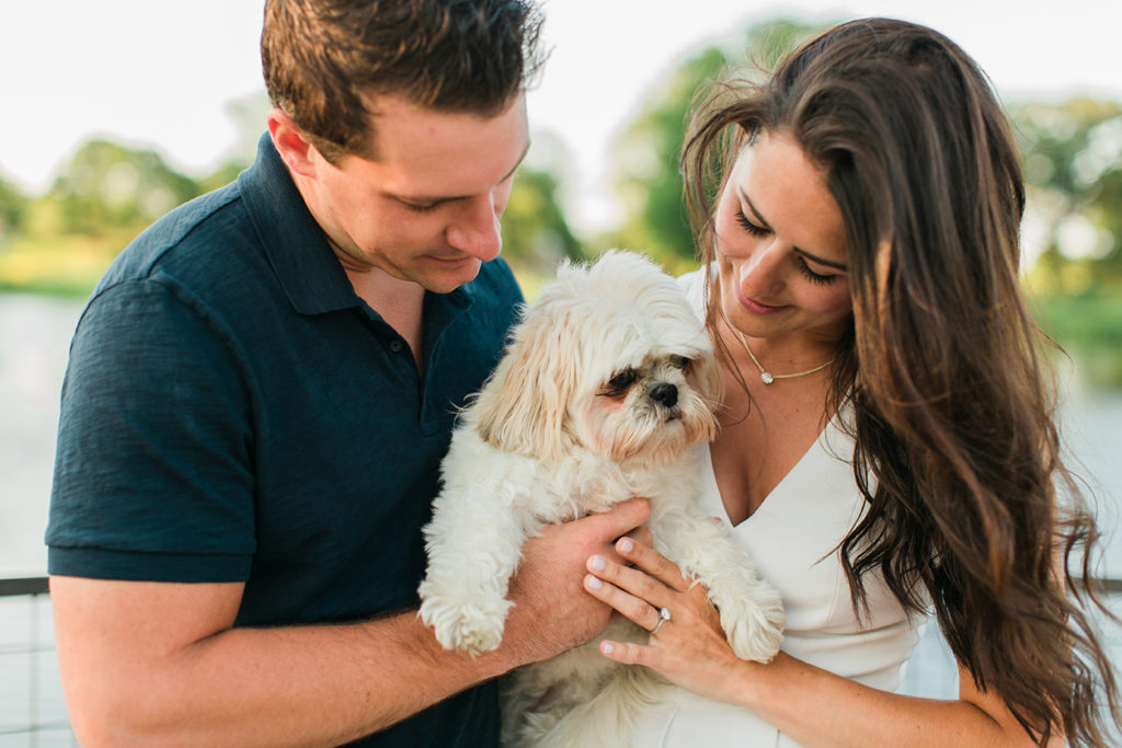 Chicago couple pose with dog for their engagement photo