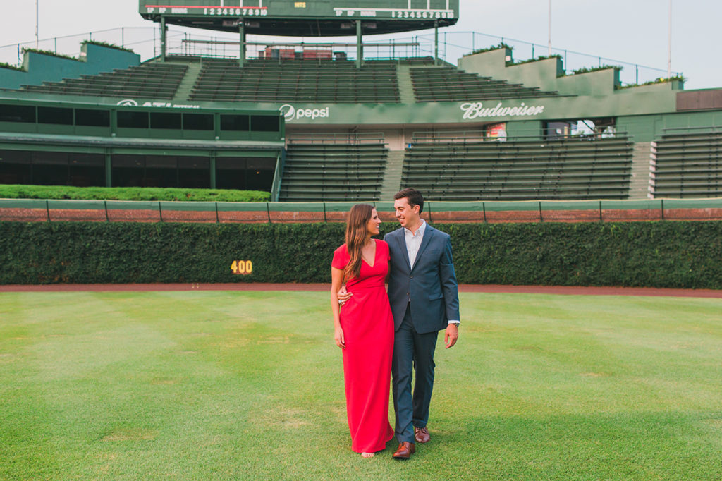 Engagement photo at Wrigley Field in Chicago.