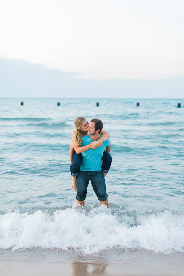 Summery engagement photo in Chicago at North Avenue Beach