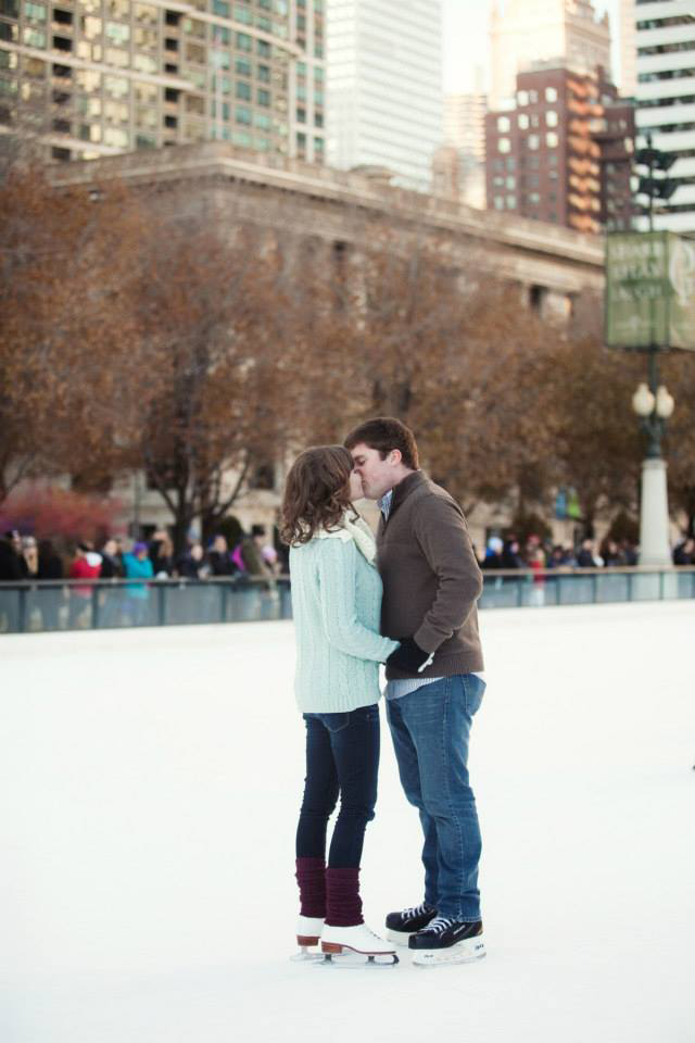 Engagement photo on ice skating rink in downtown Chicago