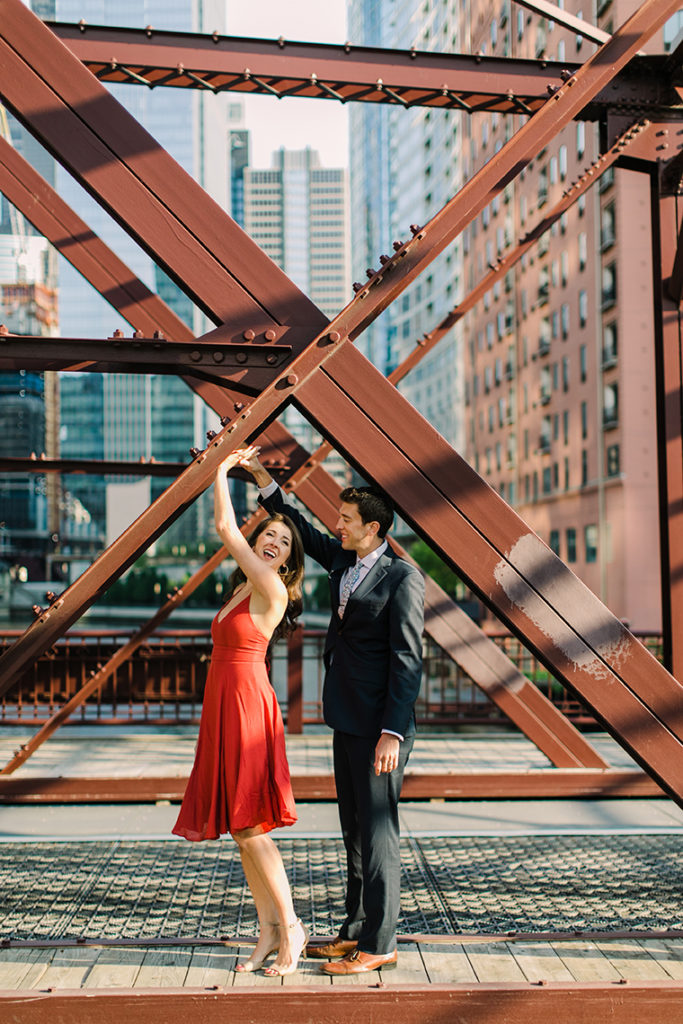 Engagement photo on the Kinzie Street Bridge in Chicago