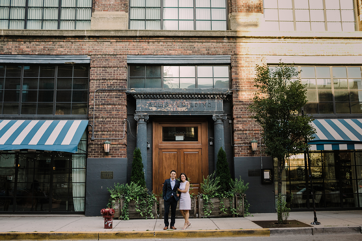An engagement photo taken outside of Soho House in the West Loop of Chicago.