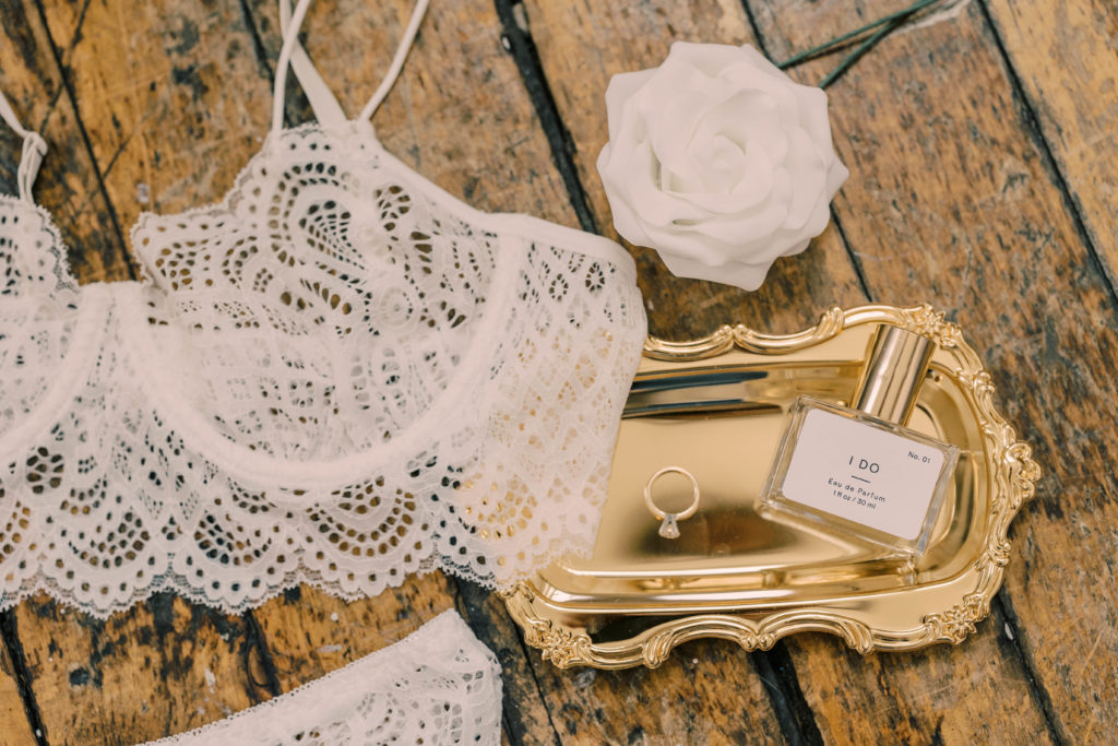 Flat lay of bridal lingerie details