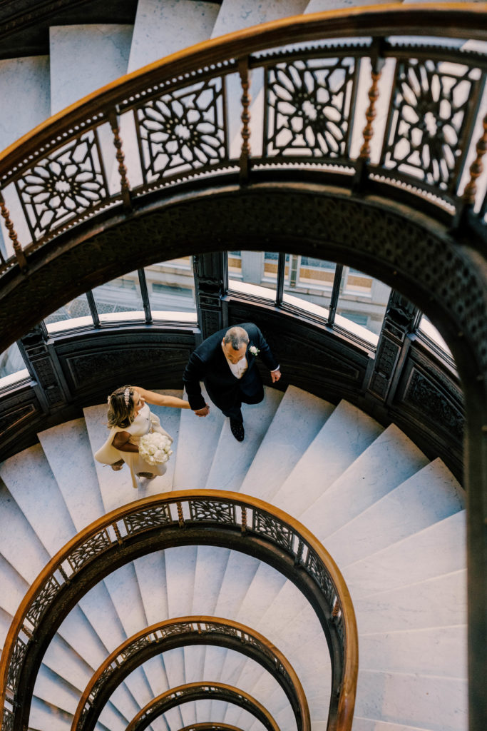 The Oriel Staircase at the Rookery is a gorgeous indoor Chicago engagement photo location