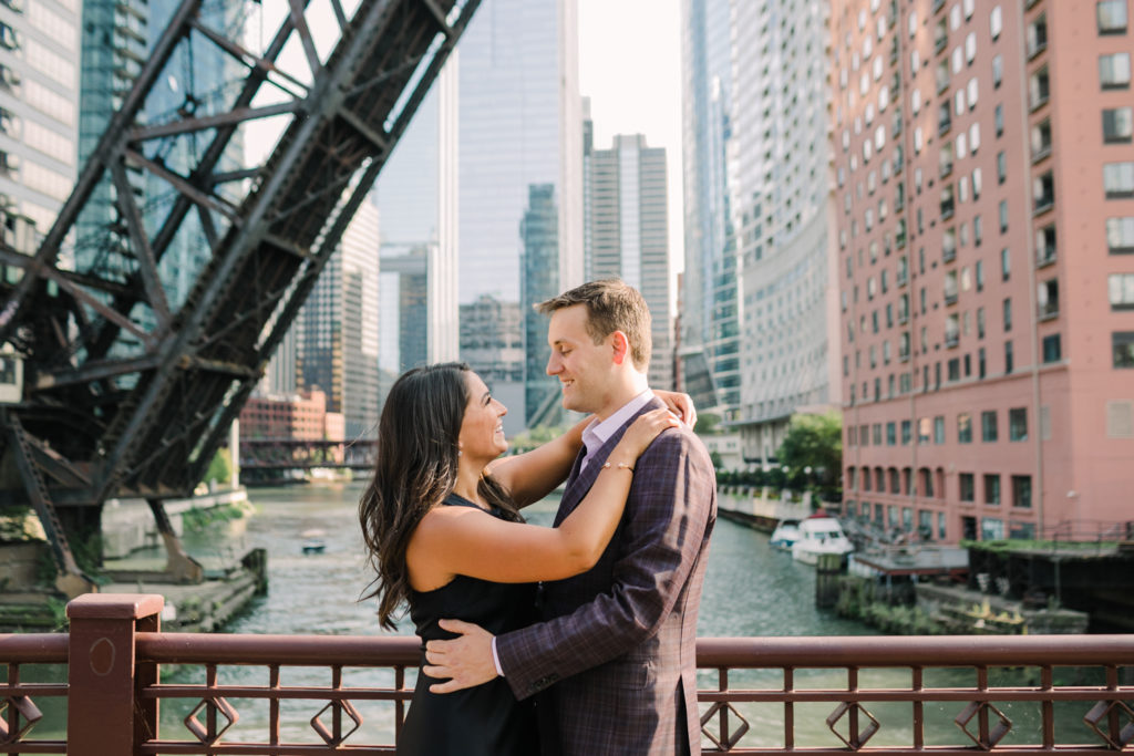 Engagement photo on Kinzie Street Bridge in Chicago