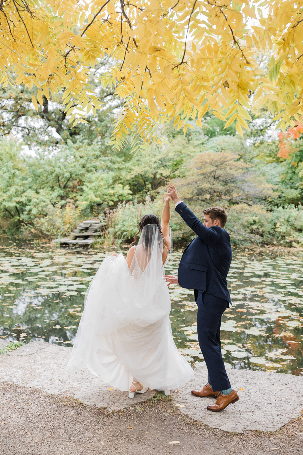 Bride and groom portraits at the Alfred Caldwell Lily Pool