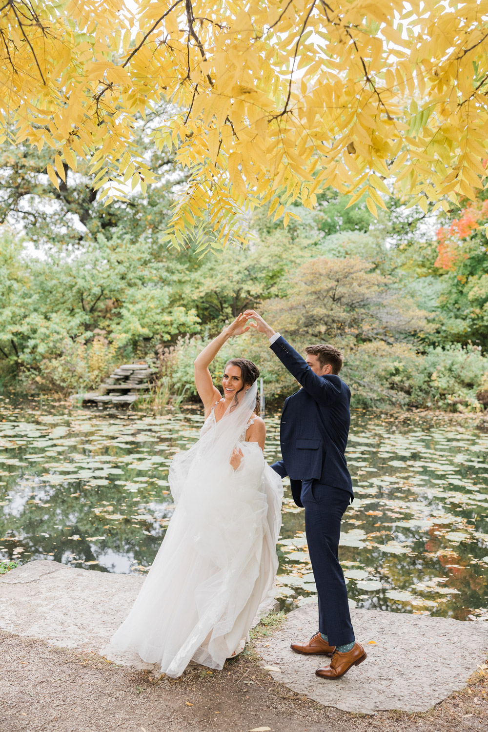 Bride and groom portraits at the Alfred Caldwell Lily Pool