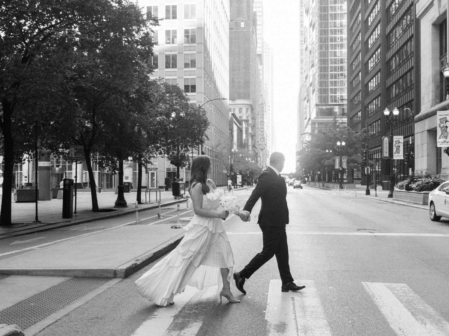 A classic black and white wedding photo taken in downtown Chicago