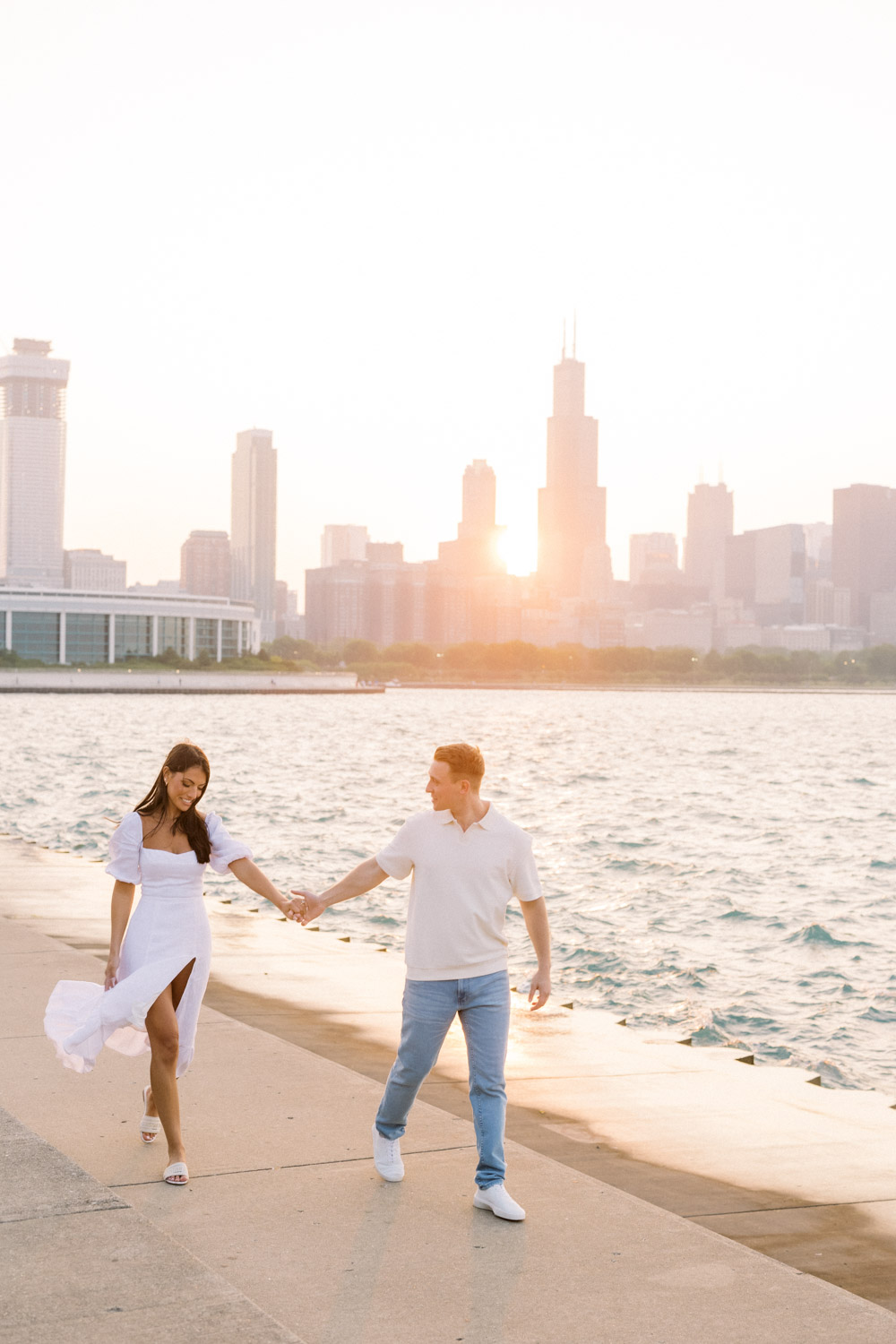 A sunset engagement photo taken at Chicago's Museum Campus