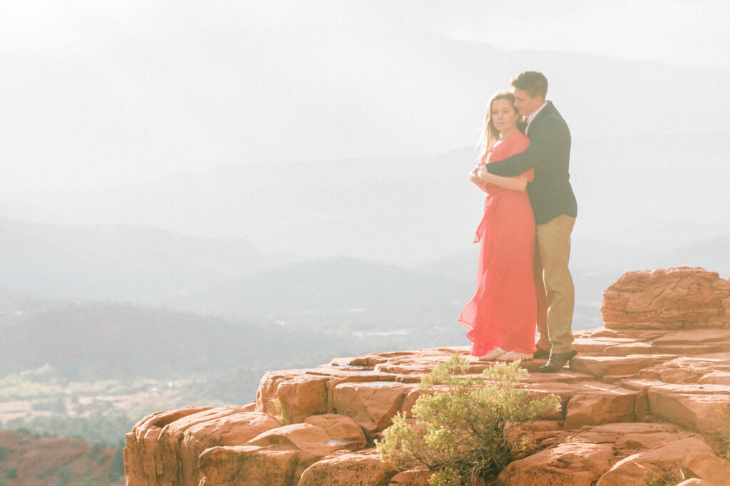 A sunset engagement photo at Cathedral Rock in Sedona