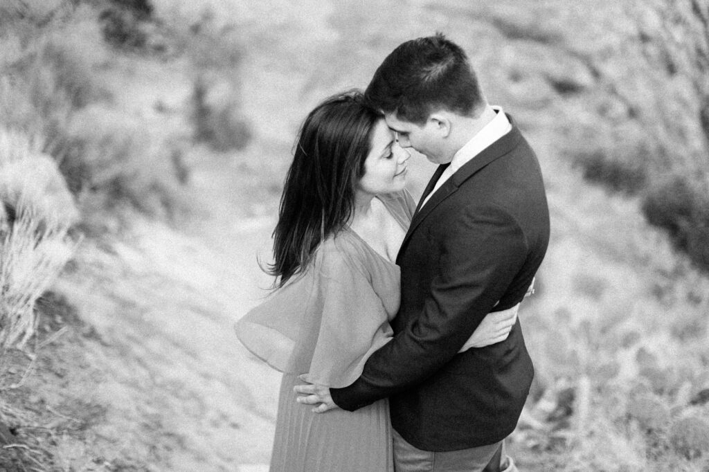 A beautiful black and white engagement photo taken at Cathedral Rock in Sedona