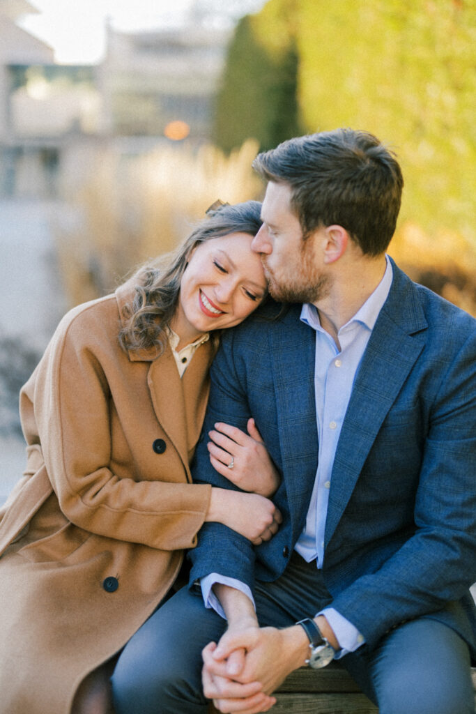 A beautiful engagement photo taken on a chilly winter day at sunrise in Chicago
