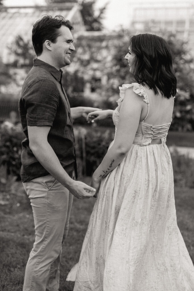 A candid engagement photo taken in Elmhurst