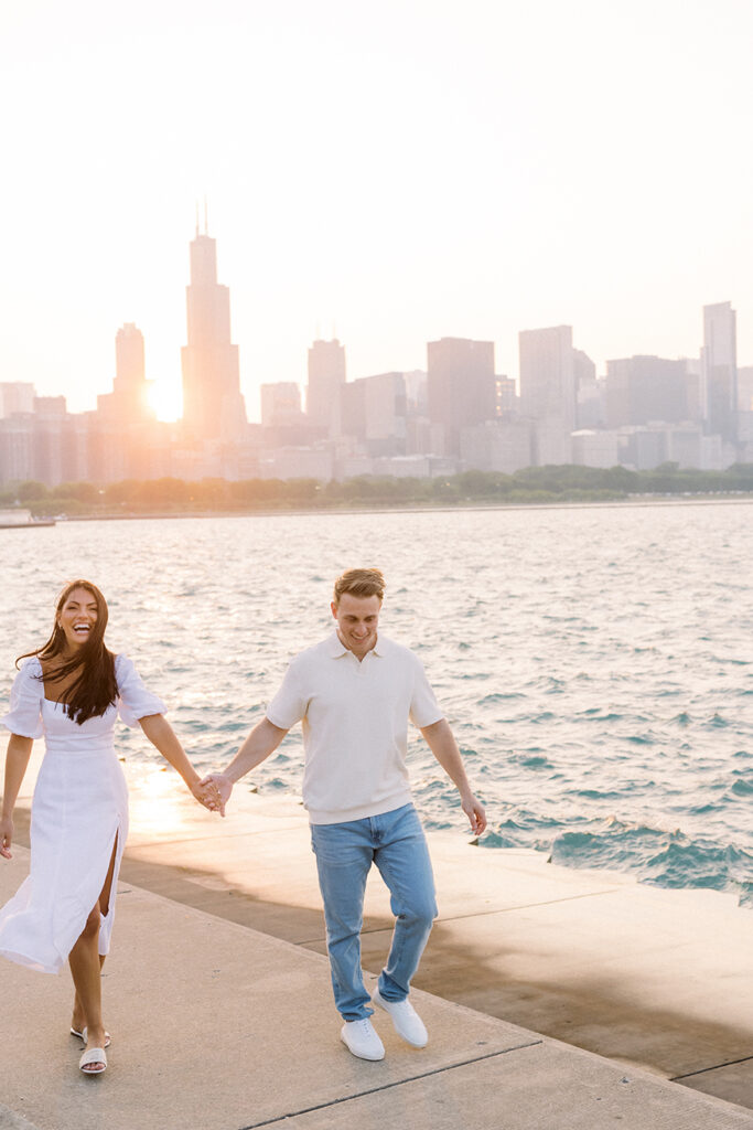 A sunset summer engagement session at Chicago's Museum Campus