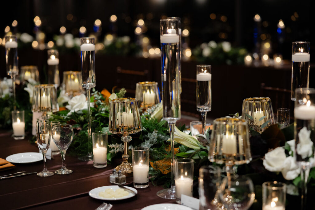 Candlelit reception table design at Morton Arboretum wedding