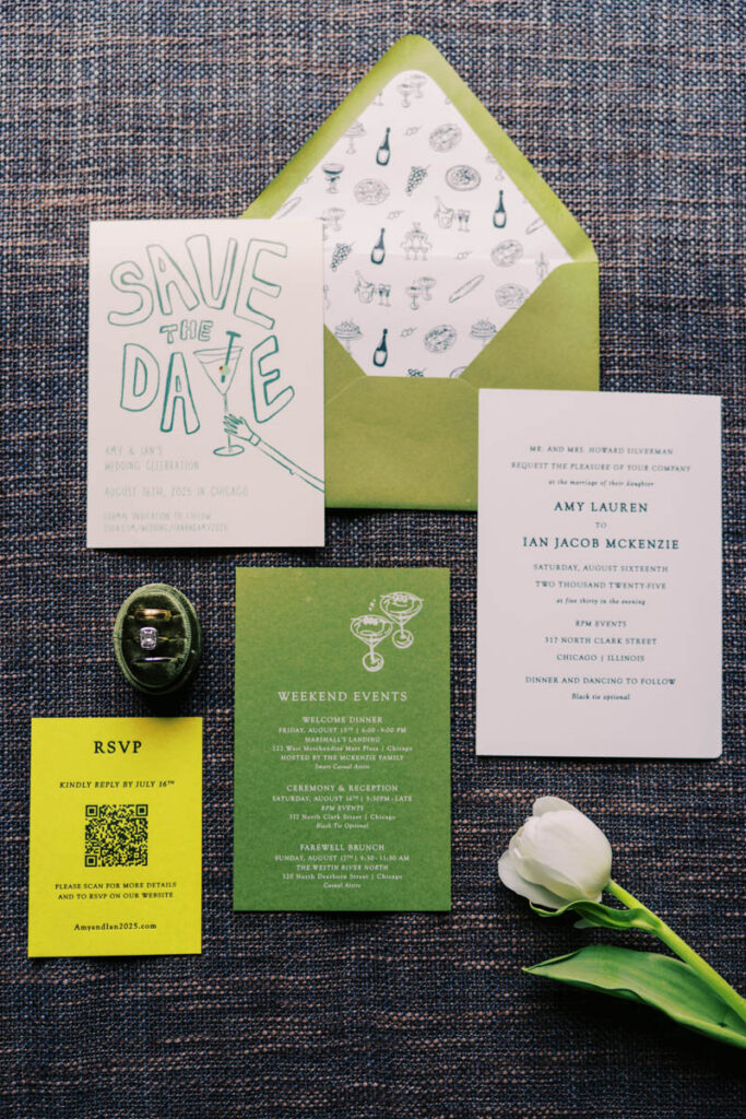 Custom wedding invitation suite with green accents styled for a summer RPM Events wedding in Chicago.