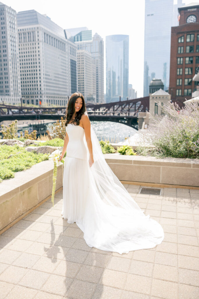 Bride posing along the Chicago Riverwalk before her RPM Events wedding
