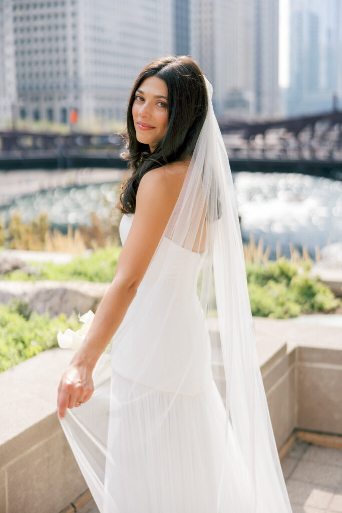 Bride posing along the Chicago Riverwalk before her RPM Events wedding