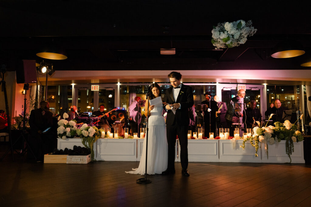 Bride and groom giving a thank you speech to their guests during reception at RPM Events wedding in Chicago.
