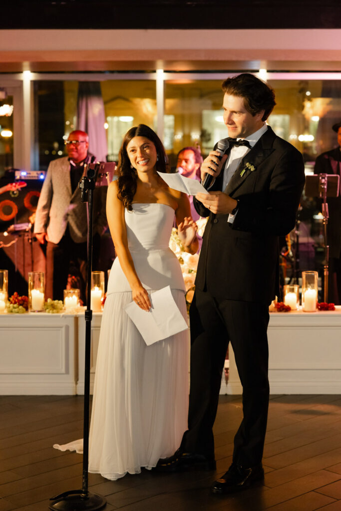 Bride and groom giving a thank you speech to their guests during reception at RPM Events wedding in Chicago.