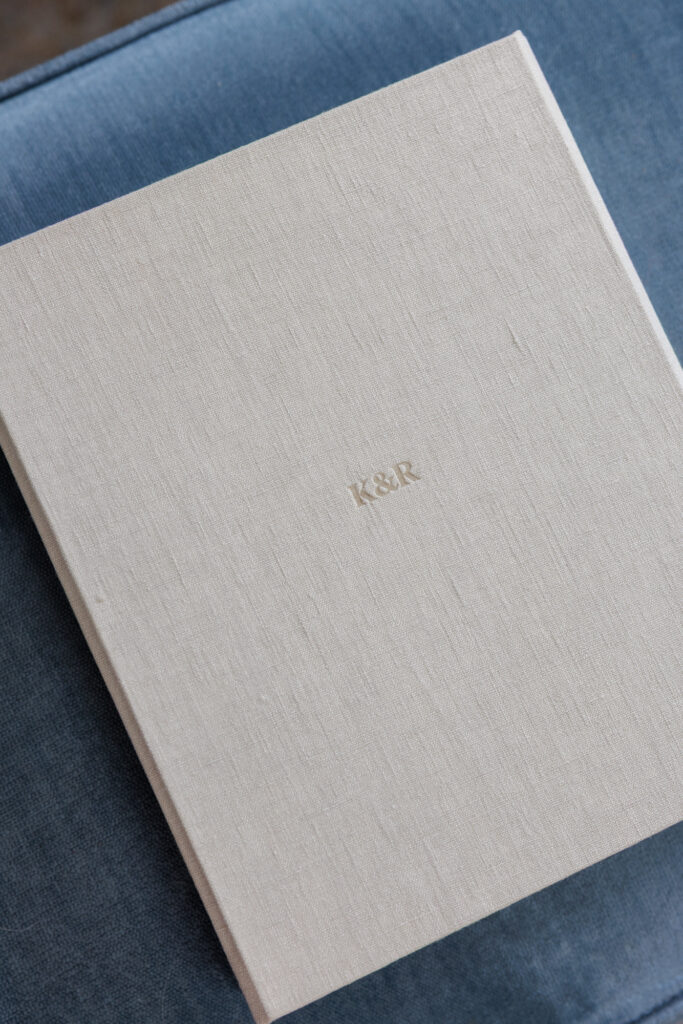 Linen keepsake box with matted engagement photos printed on fine art paper