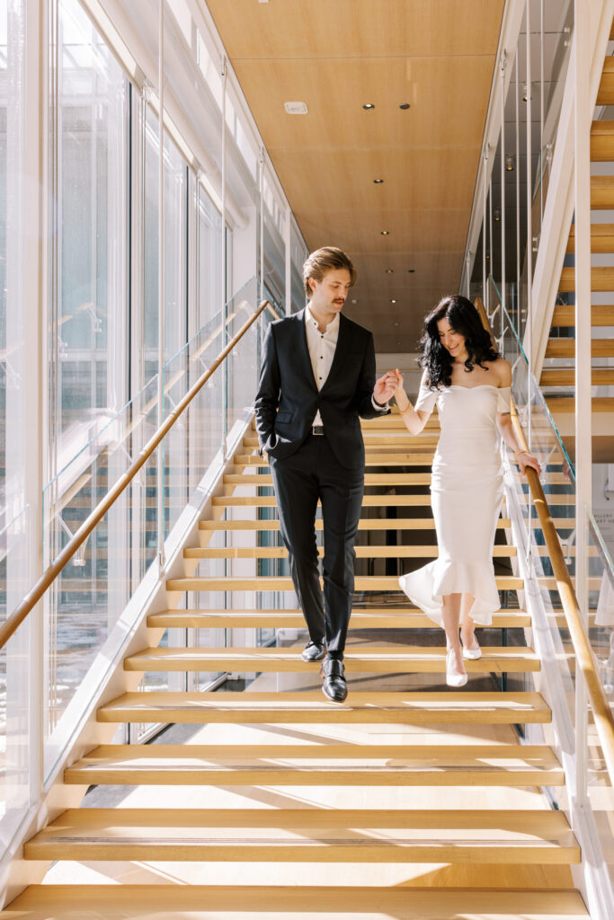 Art Institute Chicago hallway engagement photos with natural window light