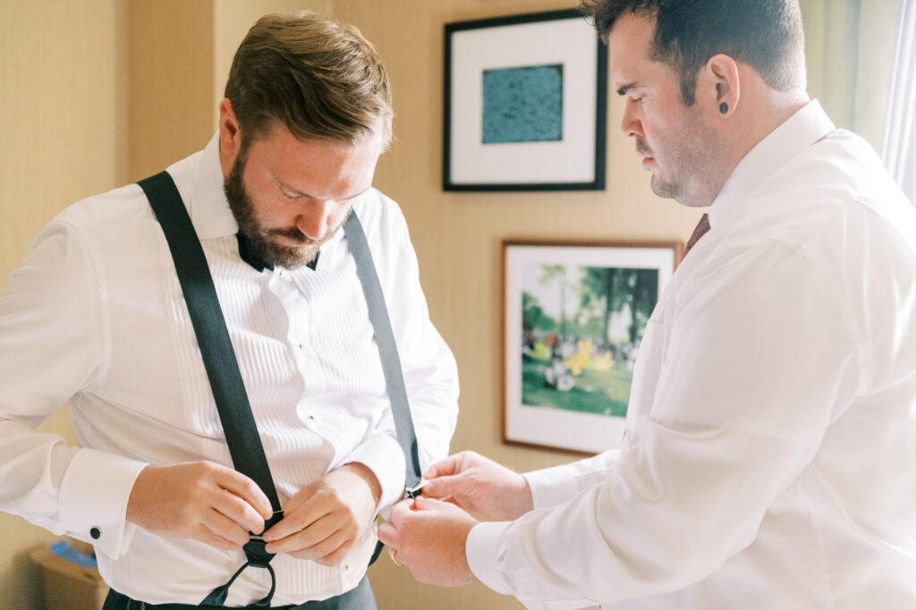 Groom Getting Ready Black Tux Chicago Wedding