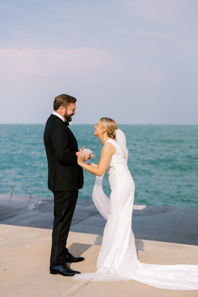 Bride And Groom Exchanging Vows By Lake Michigan
