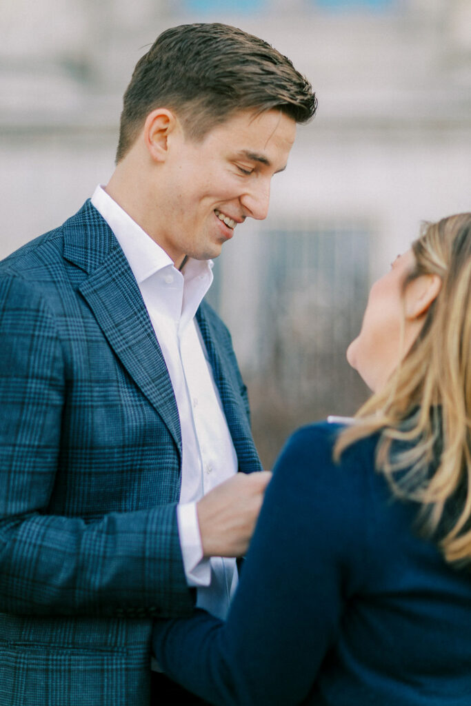 Close up of couple smiling during private vows in Chicago