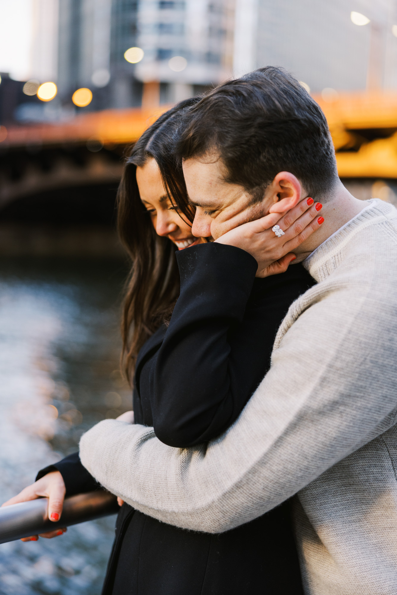 Chicago River Engagement Photos Couple Embracing At Sunset
