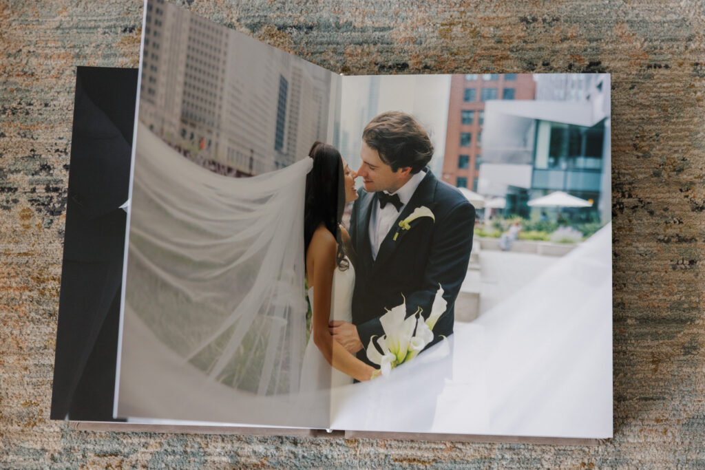 Wedding album spread combining ceremony and reception images to tell a complete story