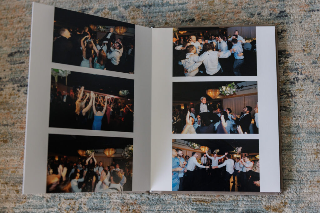 Wedding reception album spread with multiple images capturing energy and movement on the dance floor